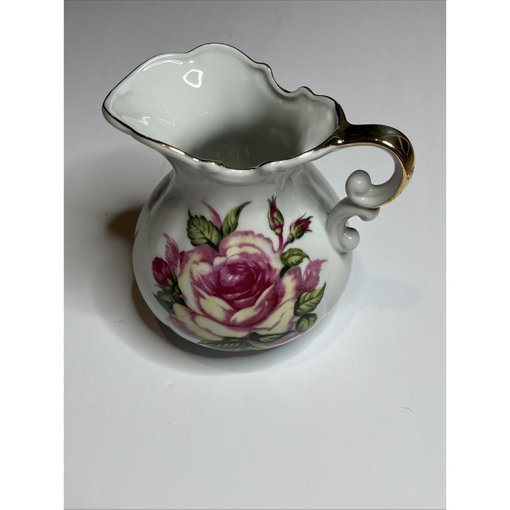 Vintage Fine Porcelain Pitcher/Vase With Pink & Yellow Rose Made In Japan
